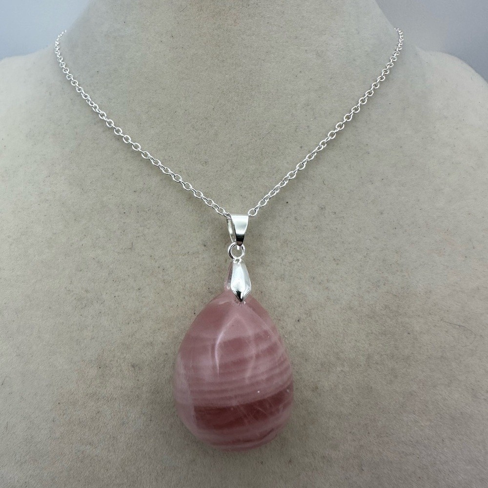 Madagascar Rose Quartz Teardrop Pendant Necklace on Silver Plated Box Chain - Picture 8 of 11